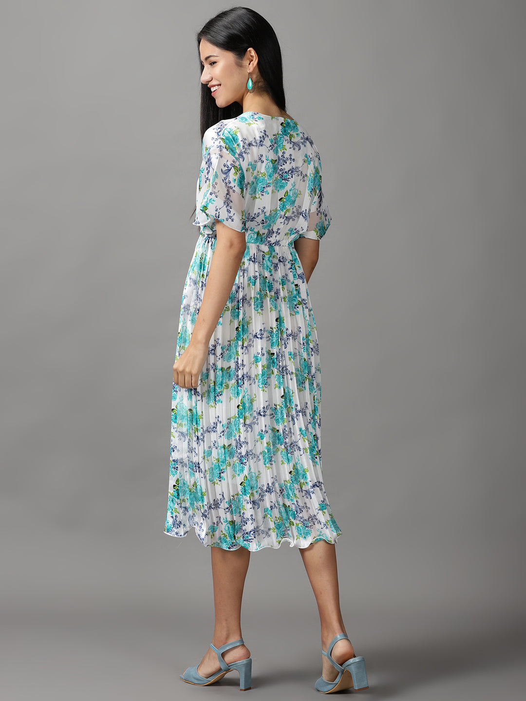 Women's White Floral Fit and Flare Dress