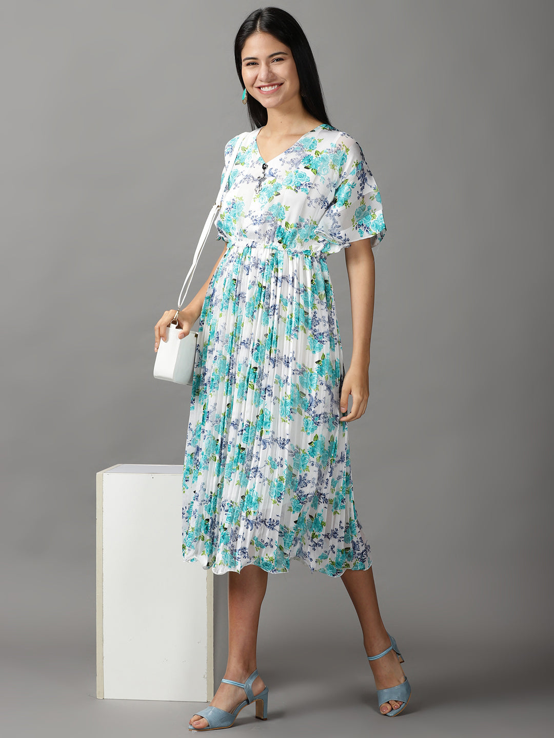 Women's White Floral Fit and Flare Dress