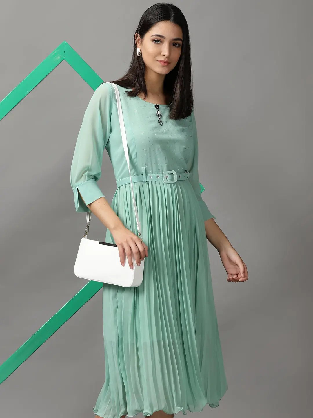 Women's Green Solid Fit and Flare Dress