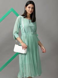 Women's Green Solid Fit and Flare Dress