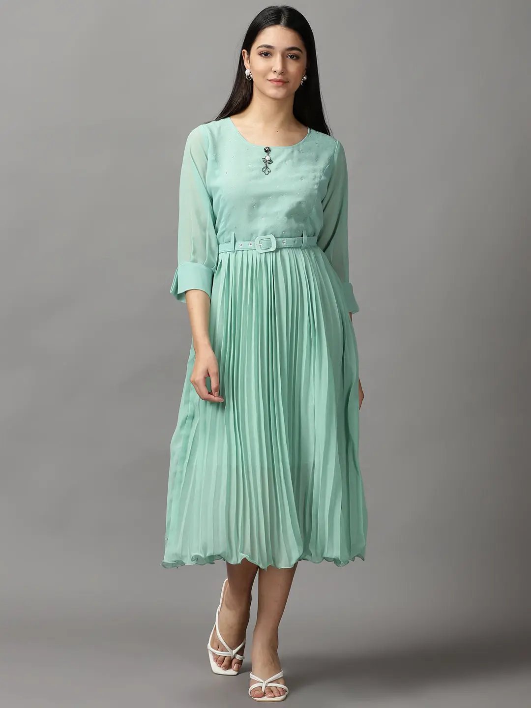 Women's Green Solid Fit and Flare Dress