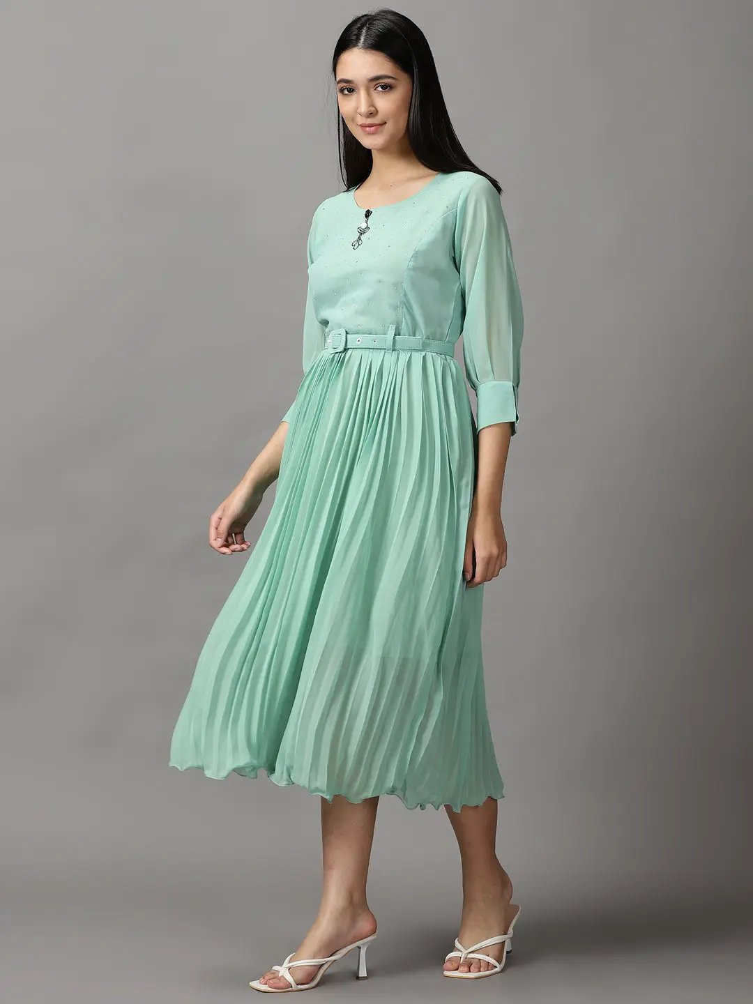 Women's Green Solid Fit and Flare Dress