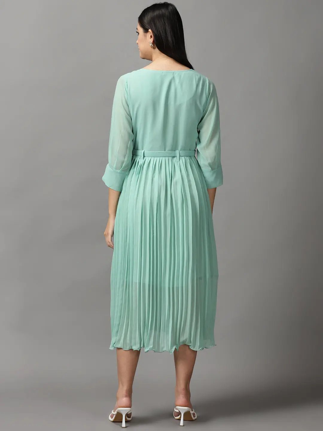Women's Green Solid Fit and Flare Dress