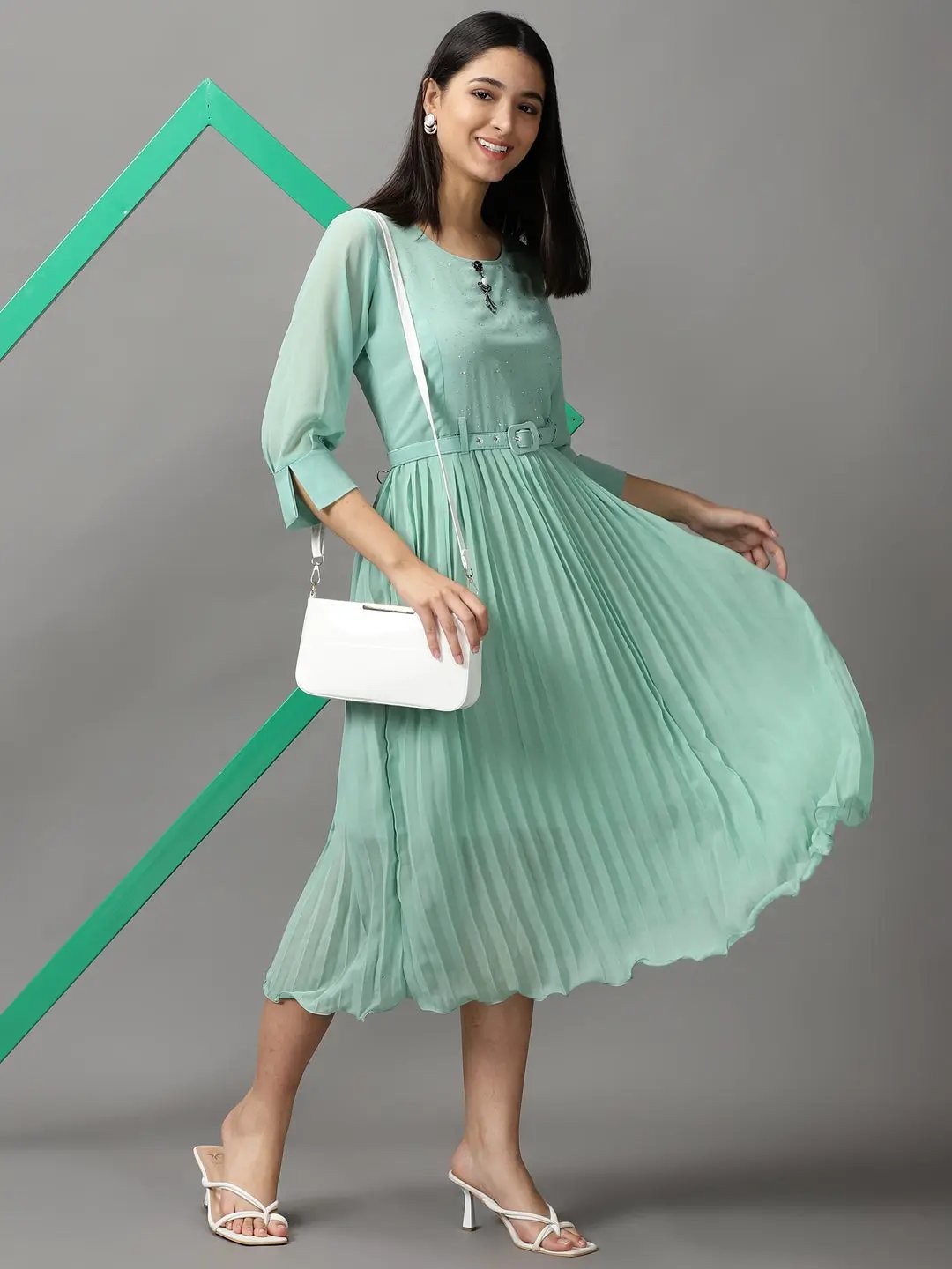 Women's Green Solid Fit and Flare Dress