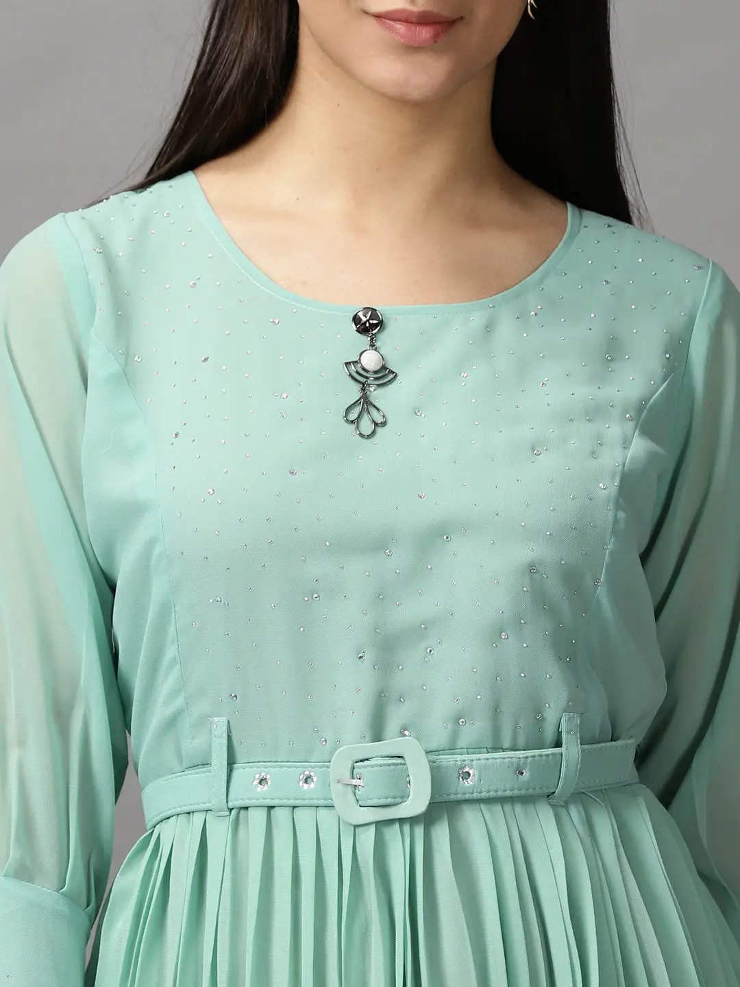 Women's Green Solid Fit and Flare Dress