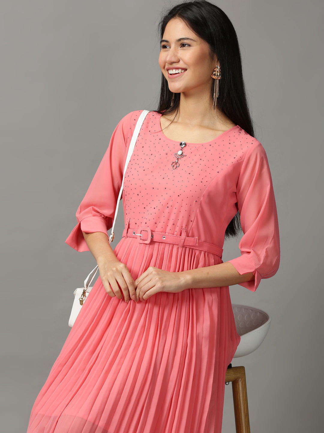 Women's Pink Solid Fit and Flare Dress