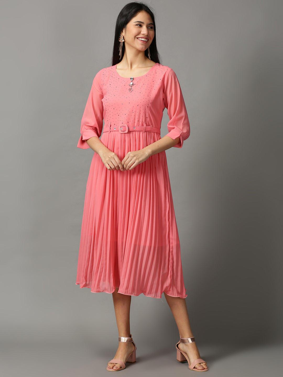 Women's Pink Solid Fit and Flare Dress