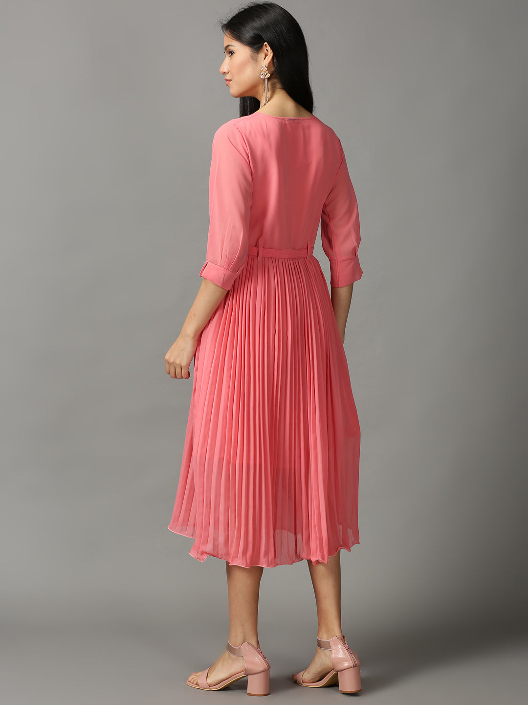 Women's Pink Solid Fit and Flare Dress