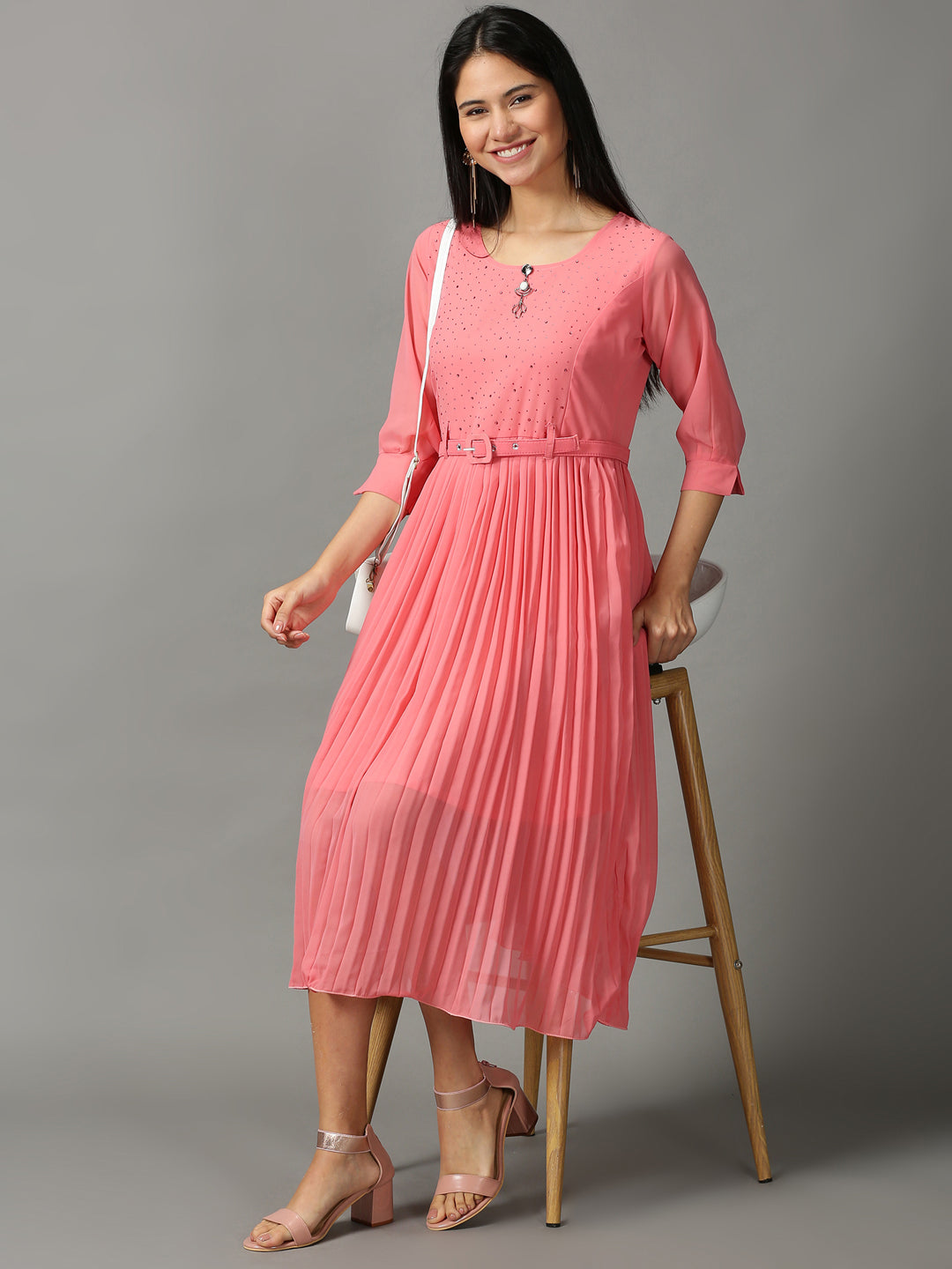 Women's Pink Solid Fit and Flare Dress