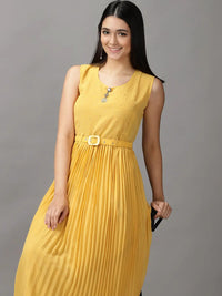 Women's Yellow Sleeveless Fit and Flare Midi Dress