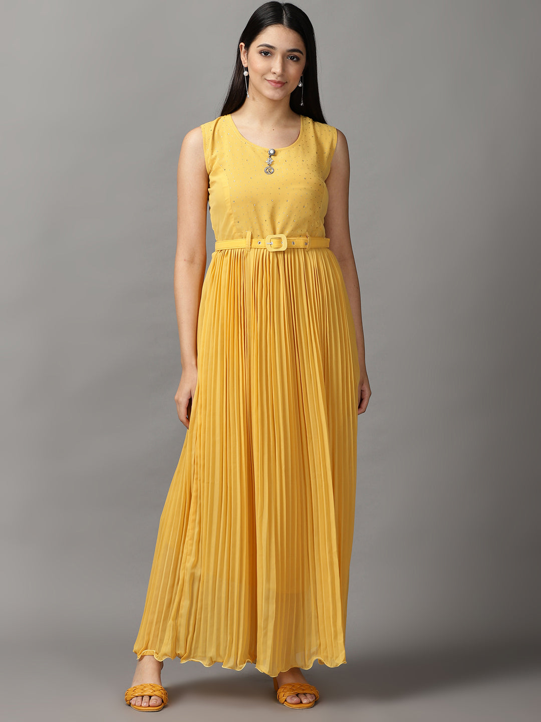 Women's Yellow Solid Fit and Flare Dress