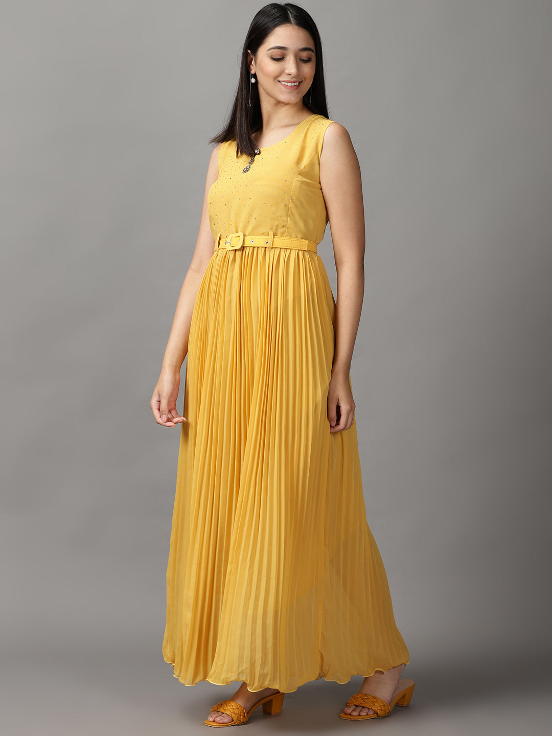 Women's Yellow Solid Fit and Flare Dress