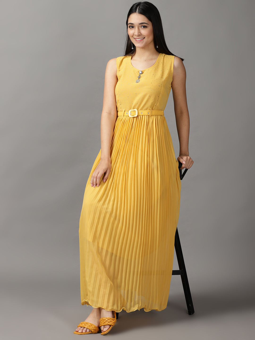 Women's Yellow Solid Fit and Flare Dress