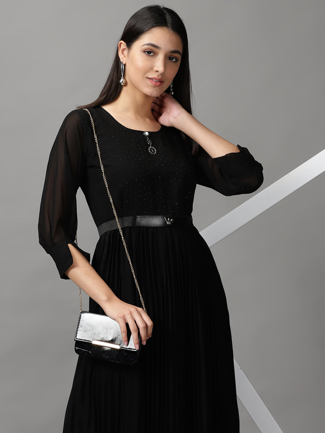 Women's Black Solid Fit and Flare Dress