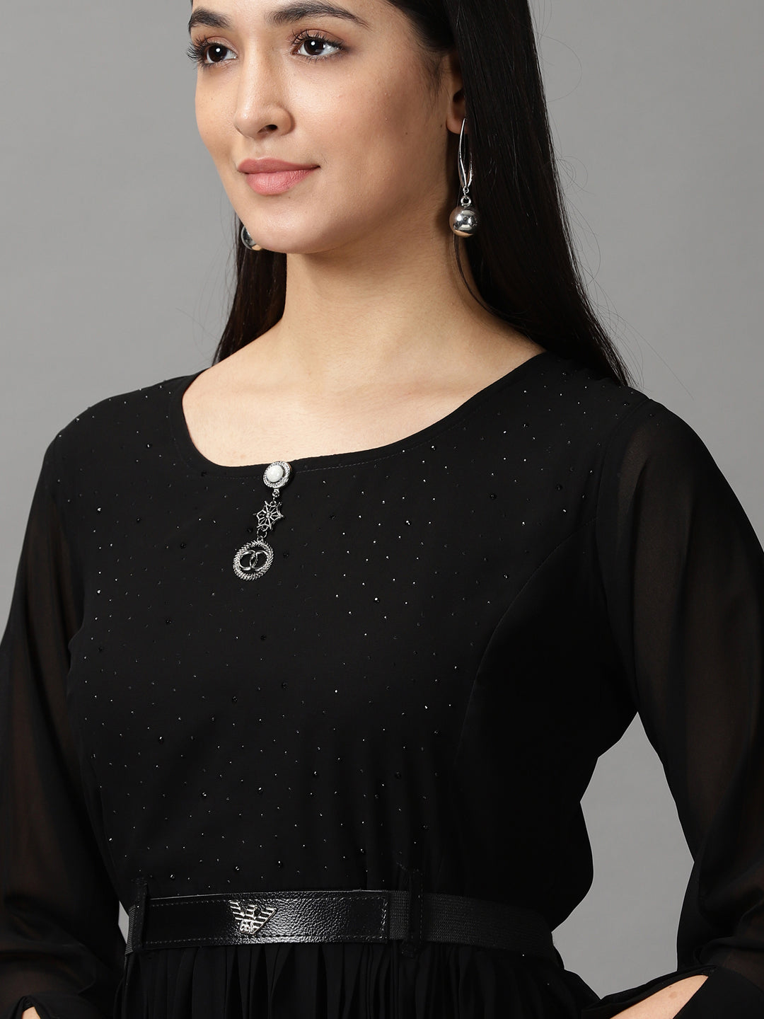 Women's Black Solid Fit and Flare Dress