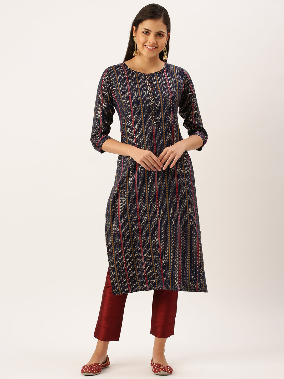 Women's Navy Blue Geometrical Straight Kurta