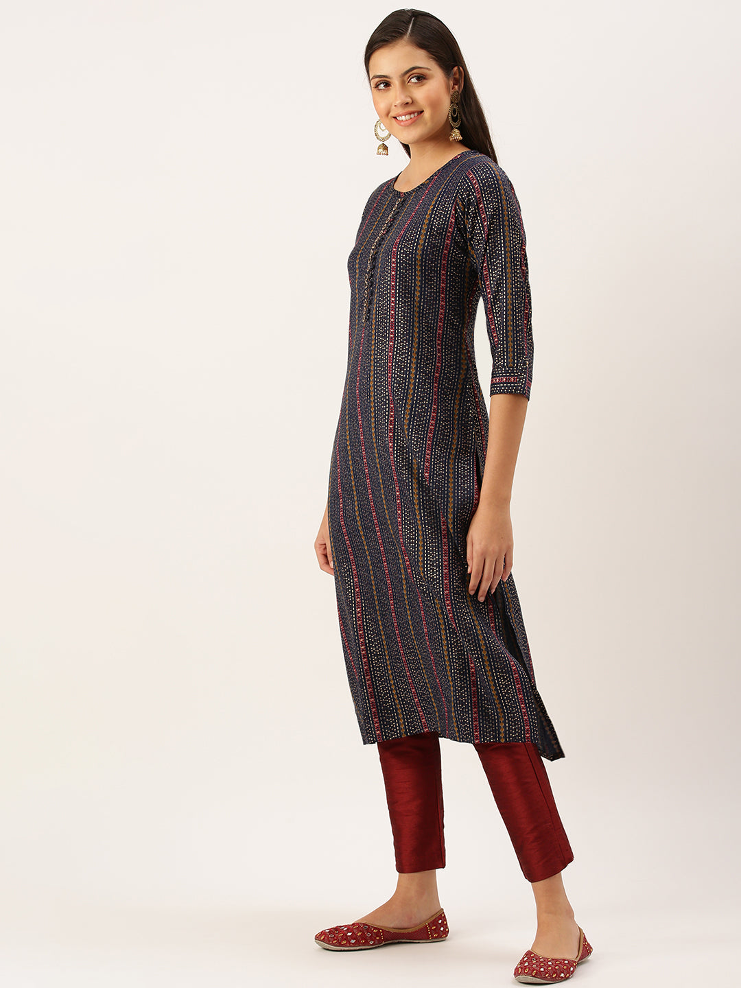 Women's Navy Blue Geometrical Straight Kurta