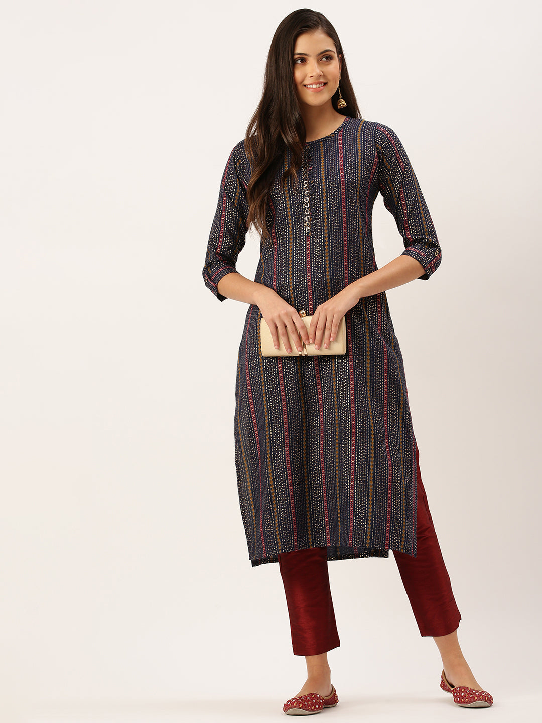 Women's Navy Blue Geometrical Straight Kurta