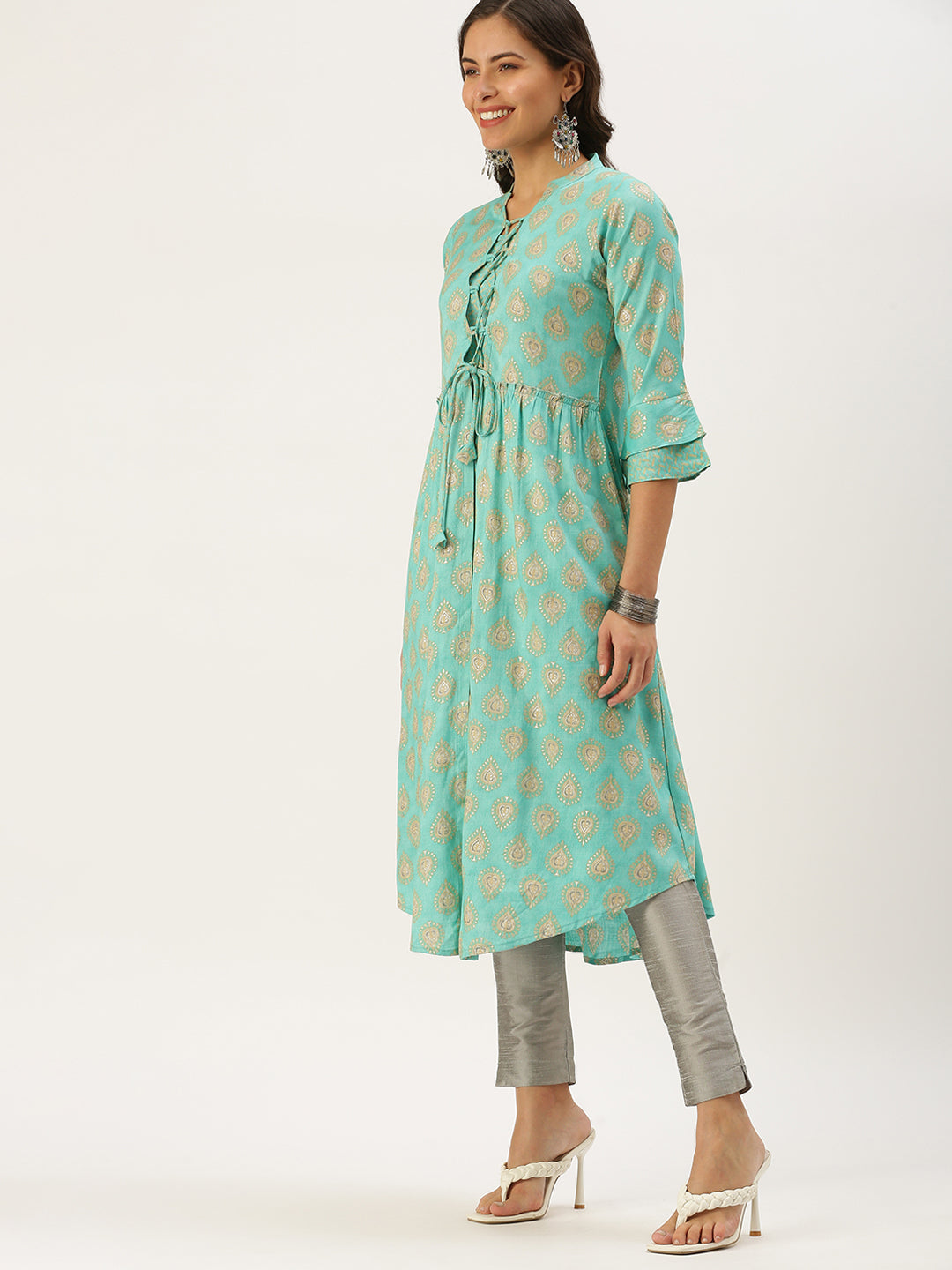 Women's Turquoise Blue Paisley A-Line Kurta