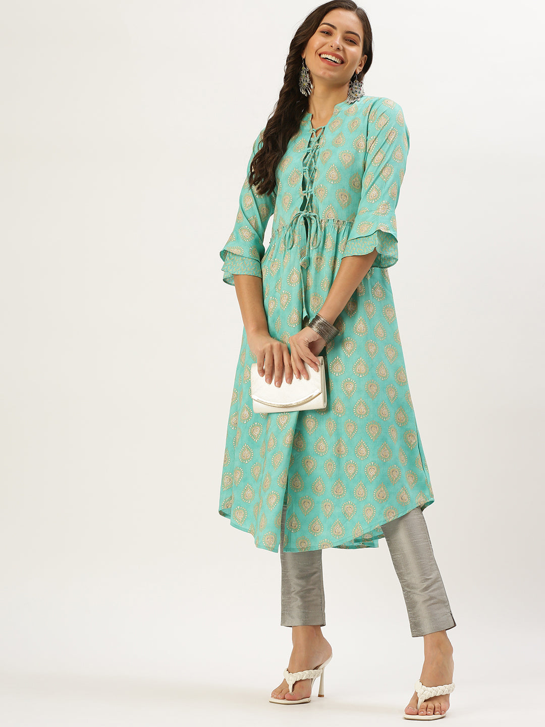 Women's Turquoise Blue Paisley A-Line Kurta