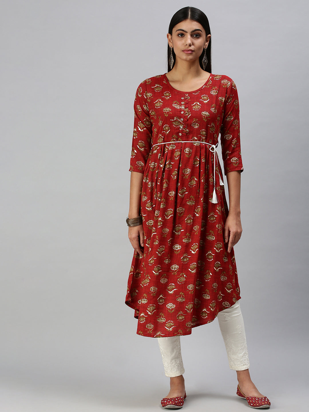 Women's Red Printed A-Line Kurta