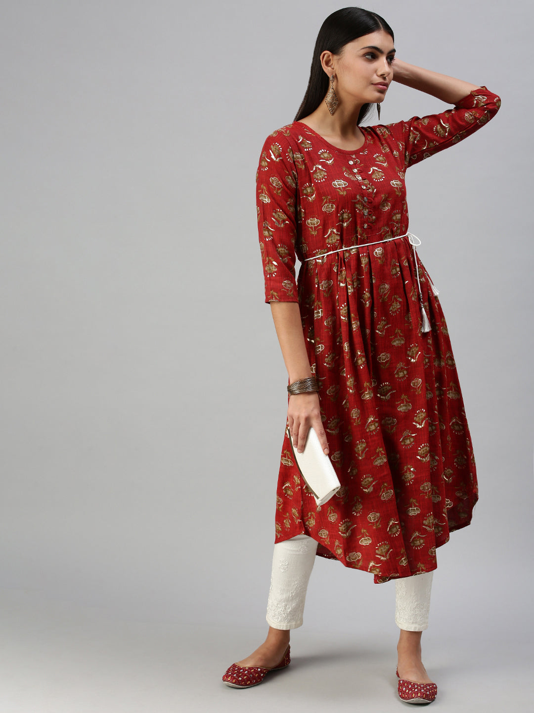 Women's Red Printed A-Line Kurta