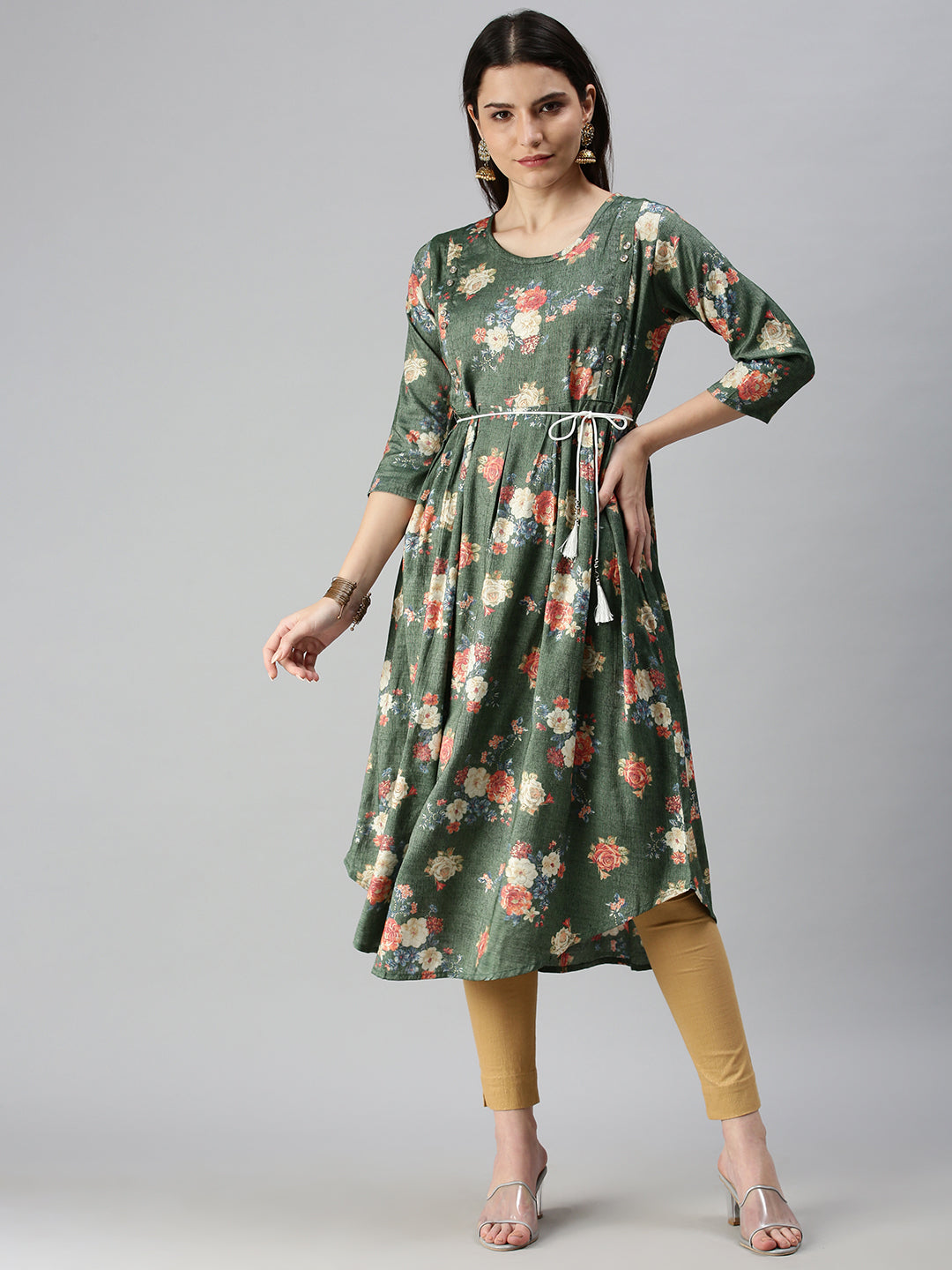 Women's Green Printed A-Line Kurta