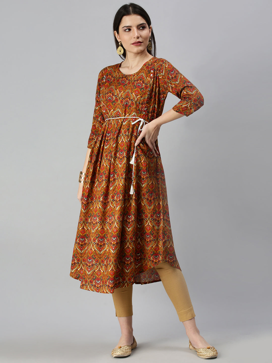 Women's Mustard Printed A-Line Kurta