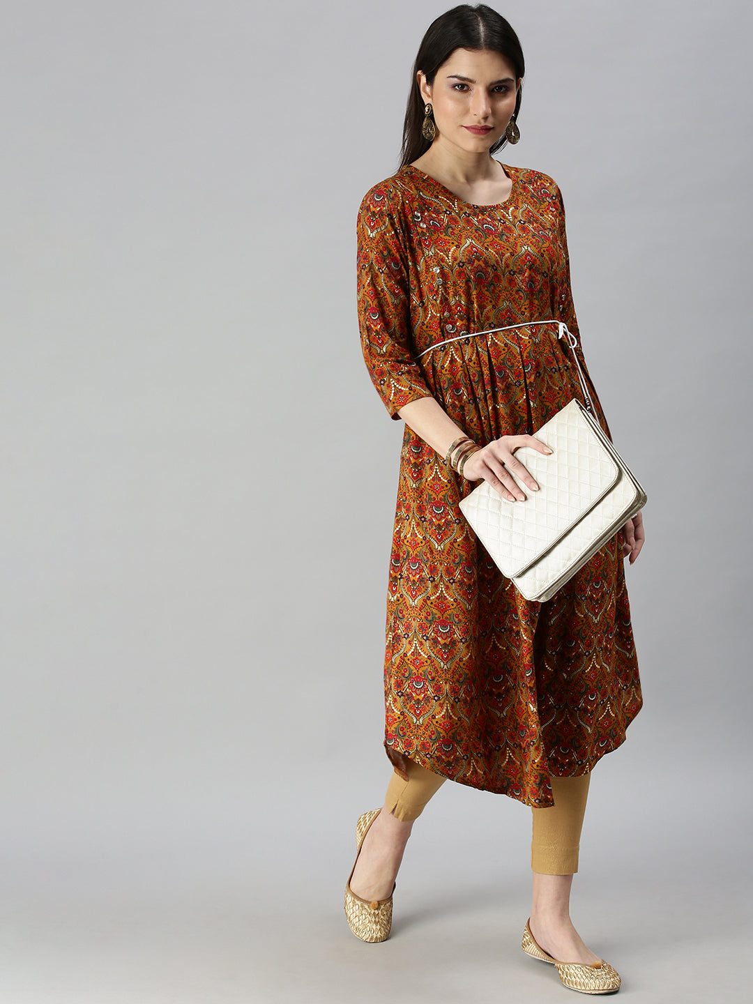 Women's Mustard Printed A-Line Kurta