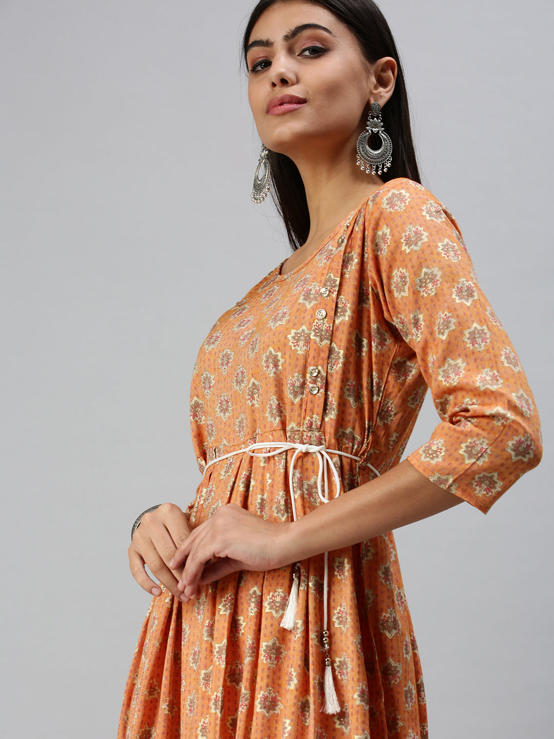 Women's Orange Printed A-Line Kurta