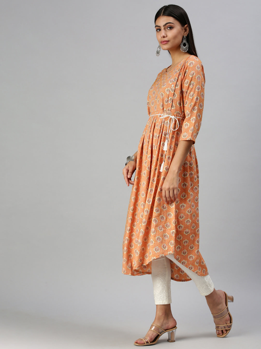 Women's Orange Printed A-Line Kurta