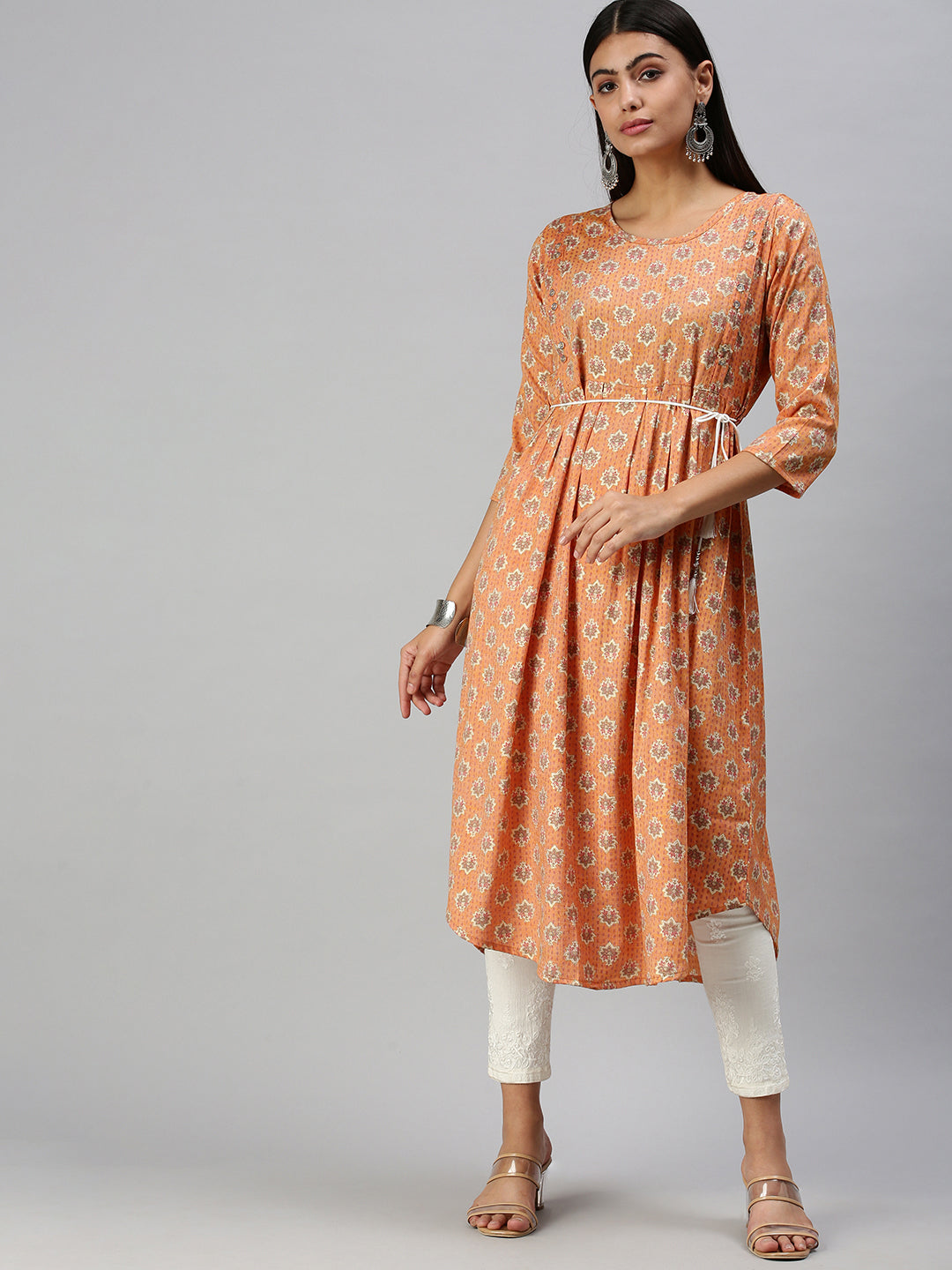 Women's Orange Printed A-Line Kurta