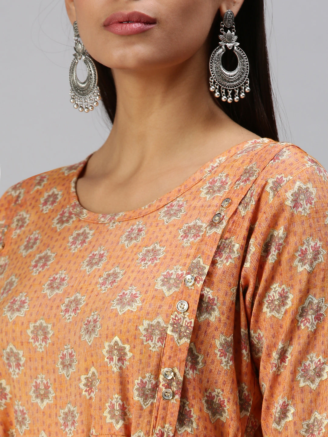 Women's Orange Printed A-Line Kurta