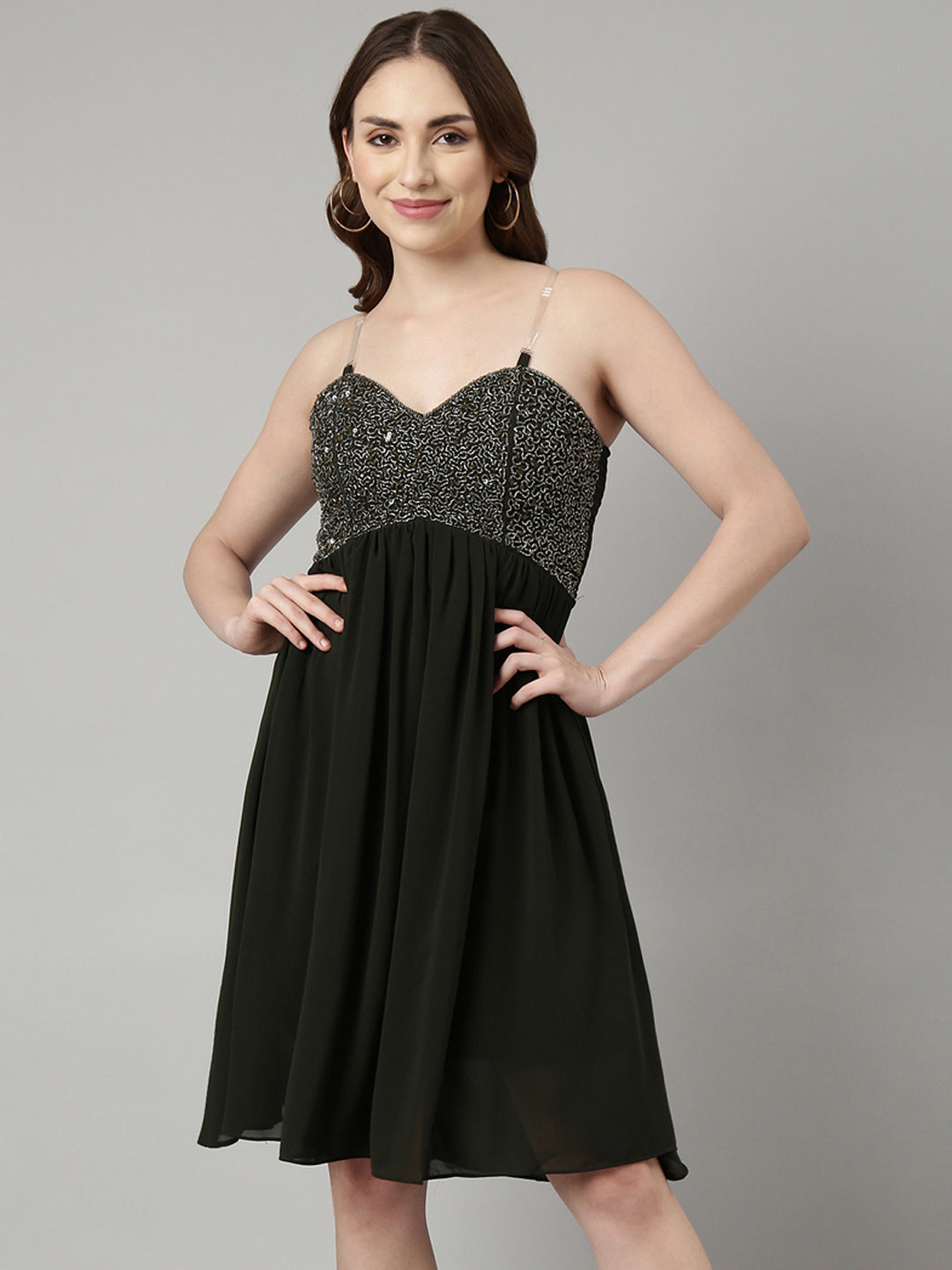 Women Olive Embellished Fit and Flare Dress