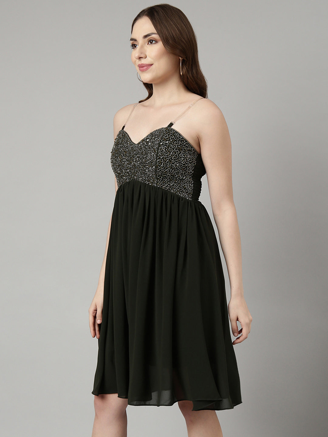 Women Olive Embellished Fit and Flare Dress