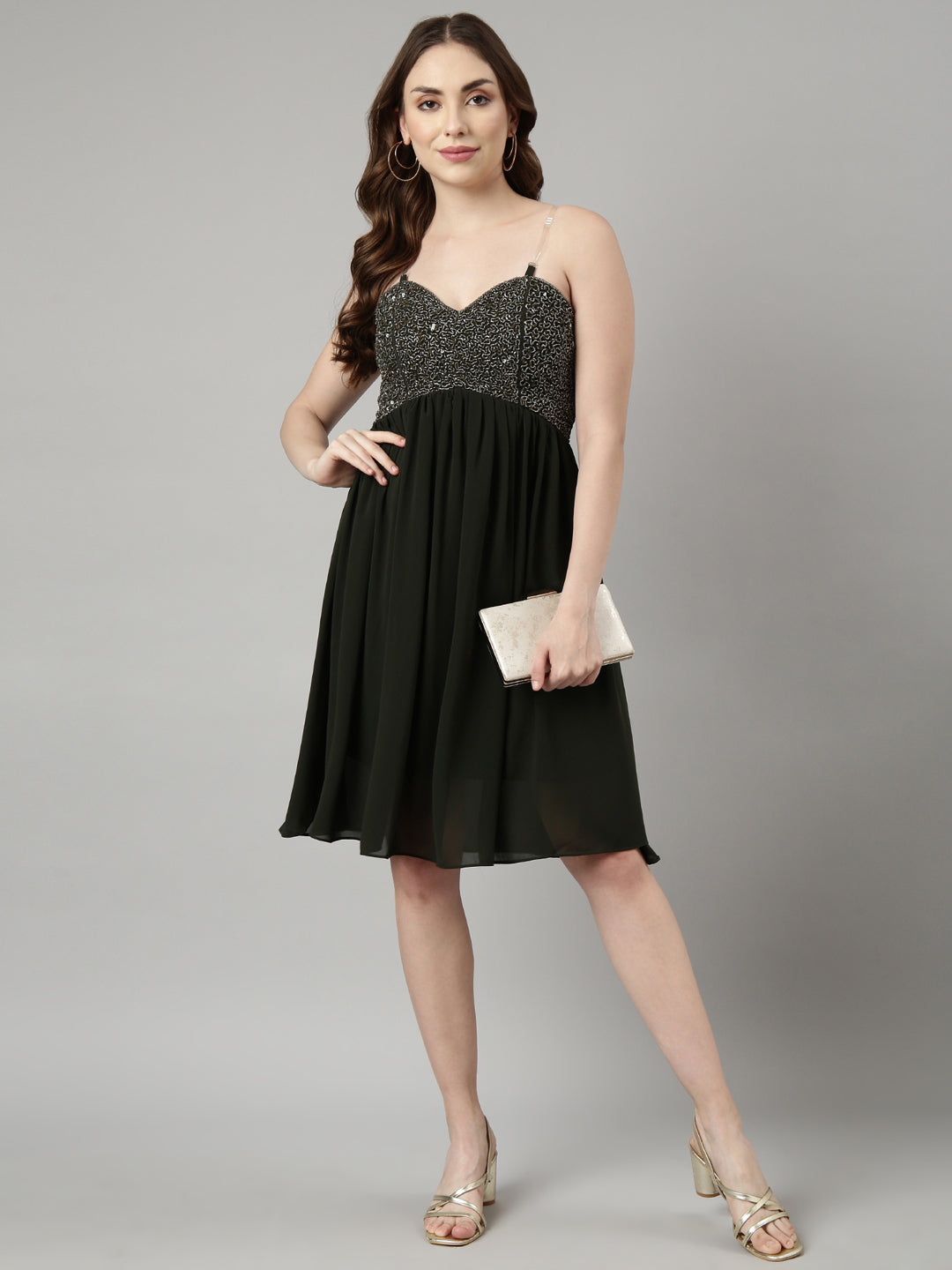 Women Olive Embellished Fit and Flare Dress