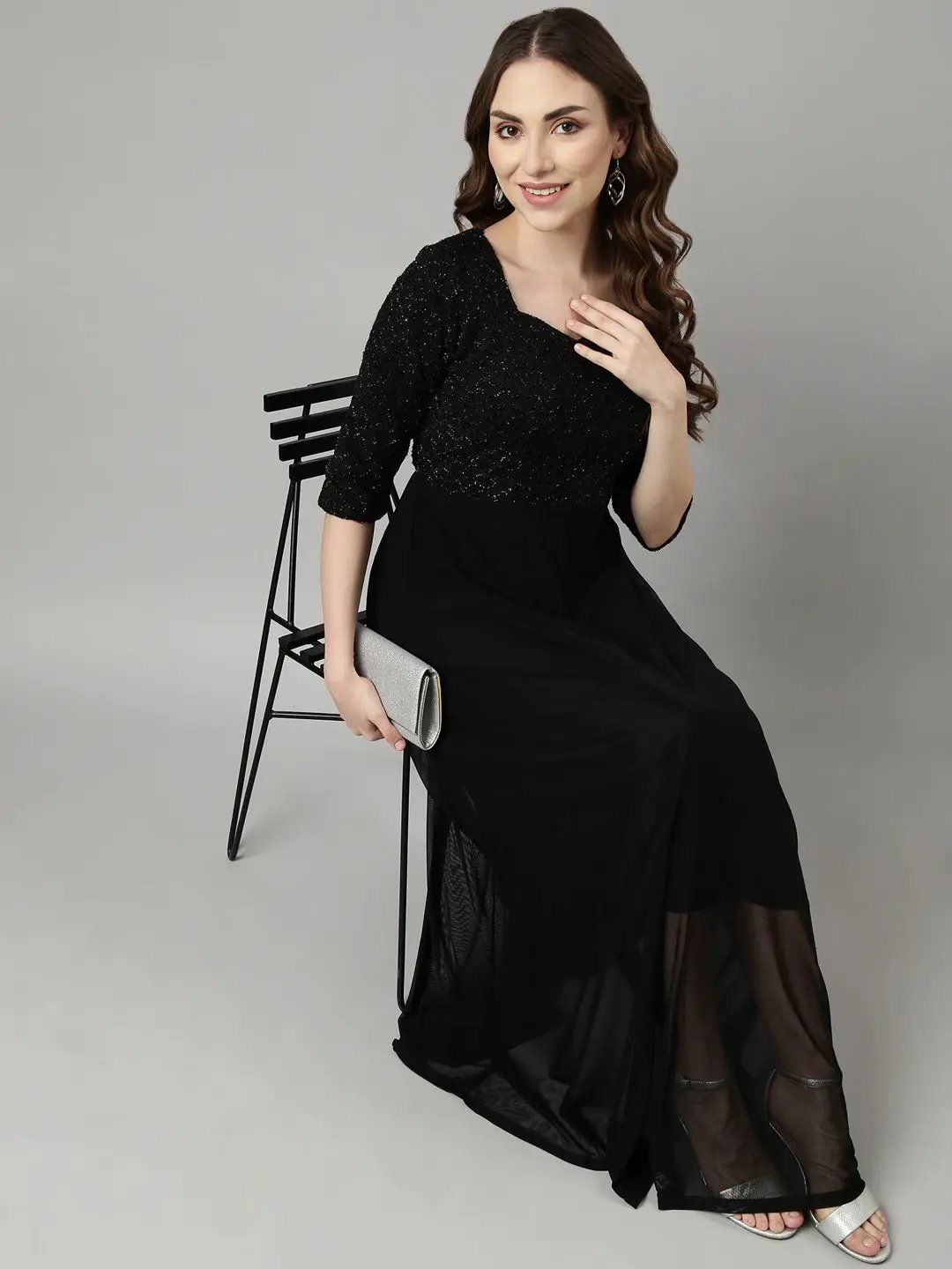Women's Black Sweetheart Neck Three-Quarter Sleeves Maxi Dress