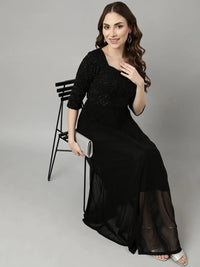 Women's Black Sweetheart Neck Three-Quarter Sleeves Maxi Dress