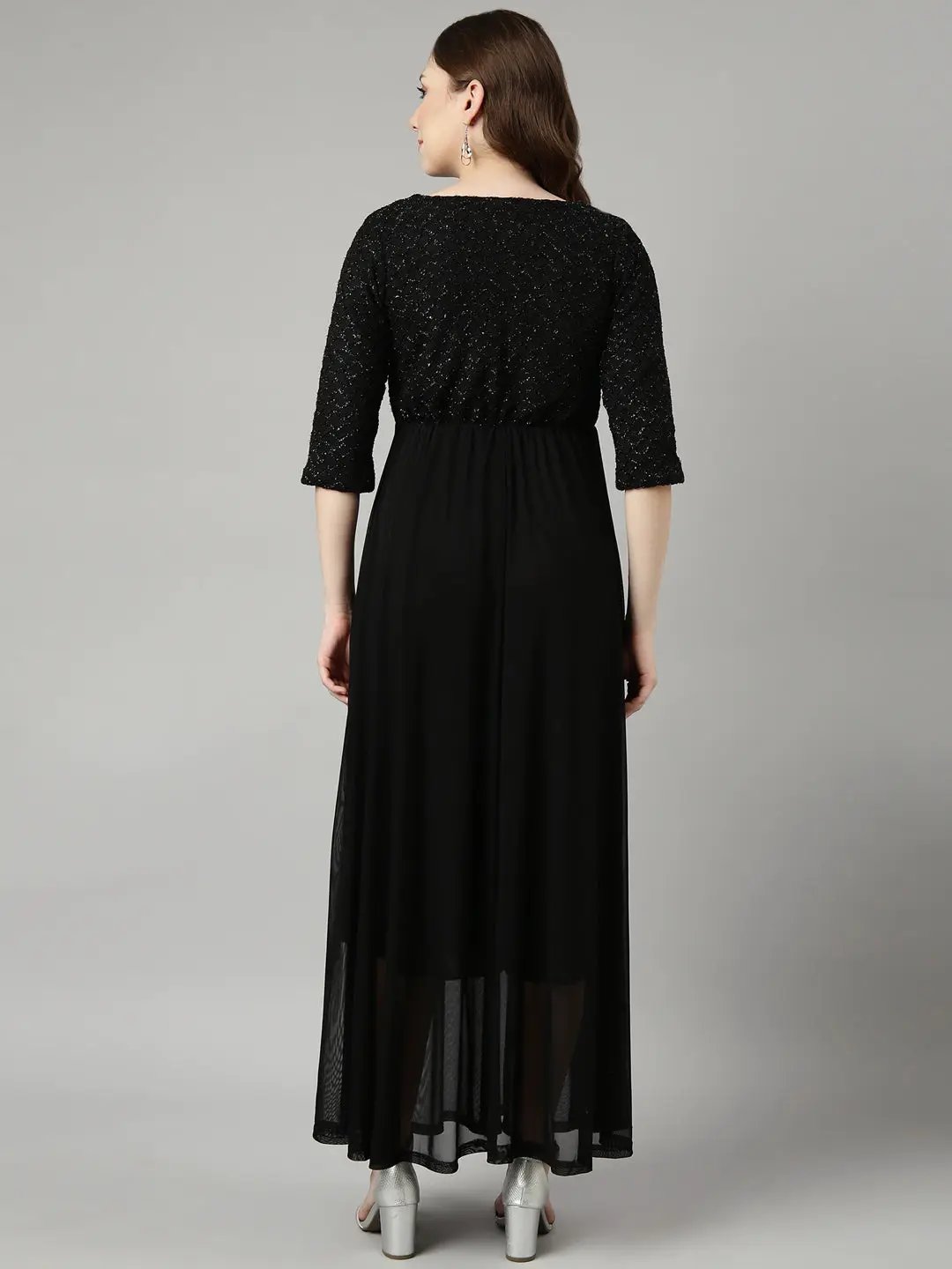 Women's Black Sweetheart Neck Three-Quarter Sleeves Maxi Dress