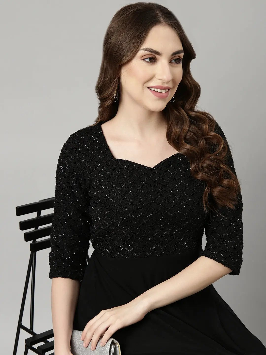 Women's Black Sweetheart Neck Three-Quarter Sleeves Maxi Dress