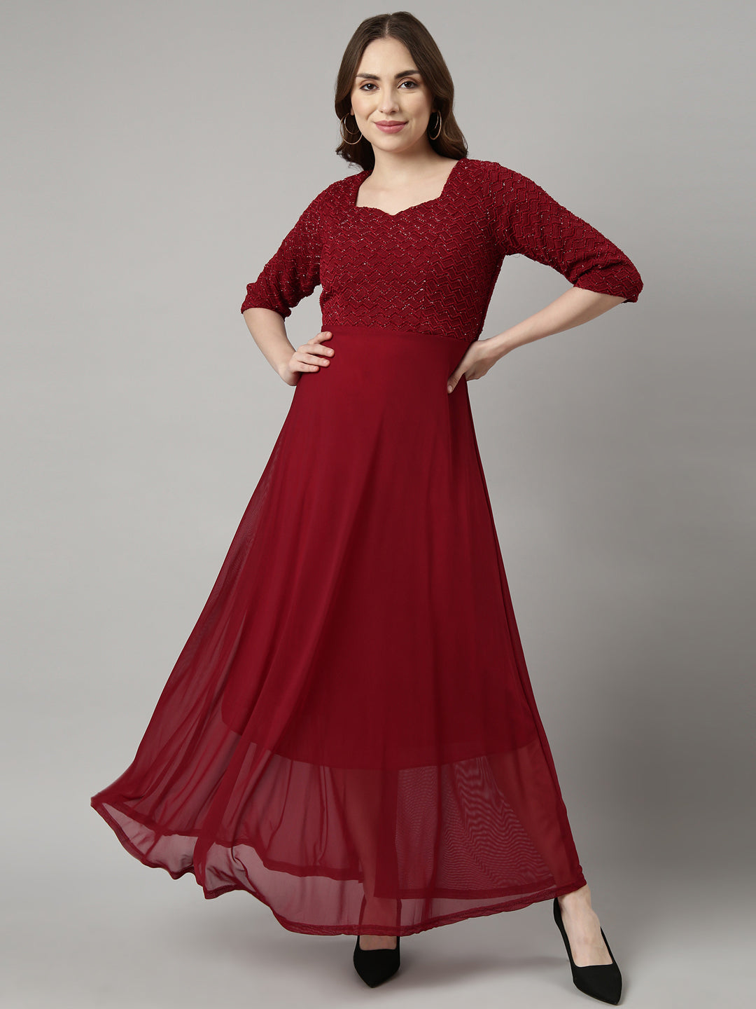 Women's Maroon Solid Maxi Dress