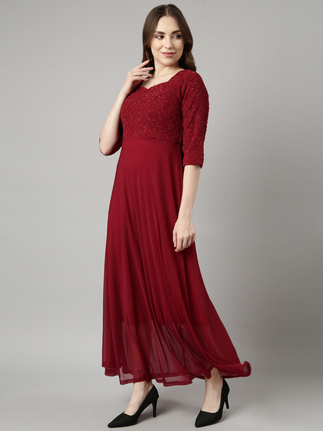 Women's Maroon Solid Maxi Dress