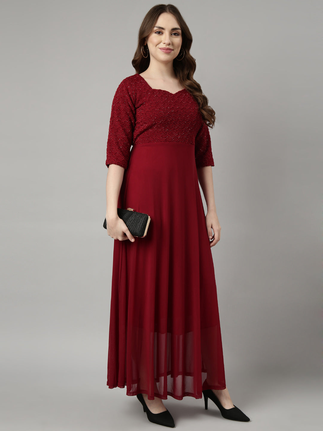 Women's Maroon Solid Maxi Dress
