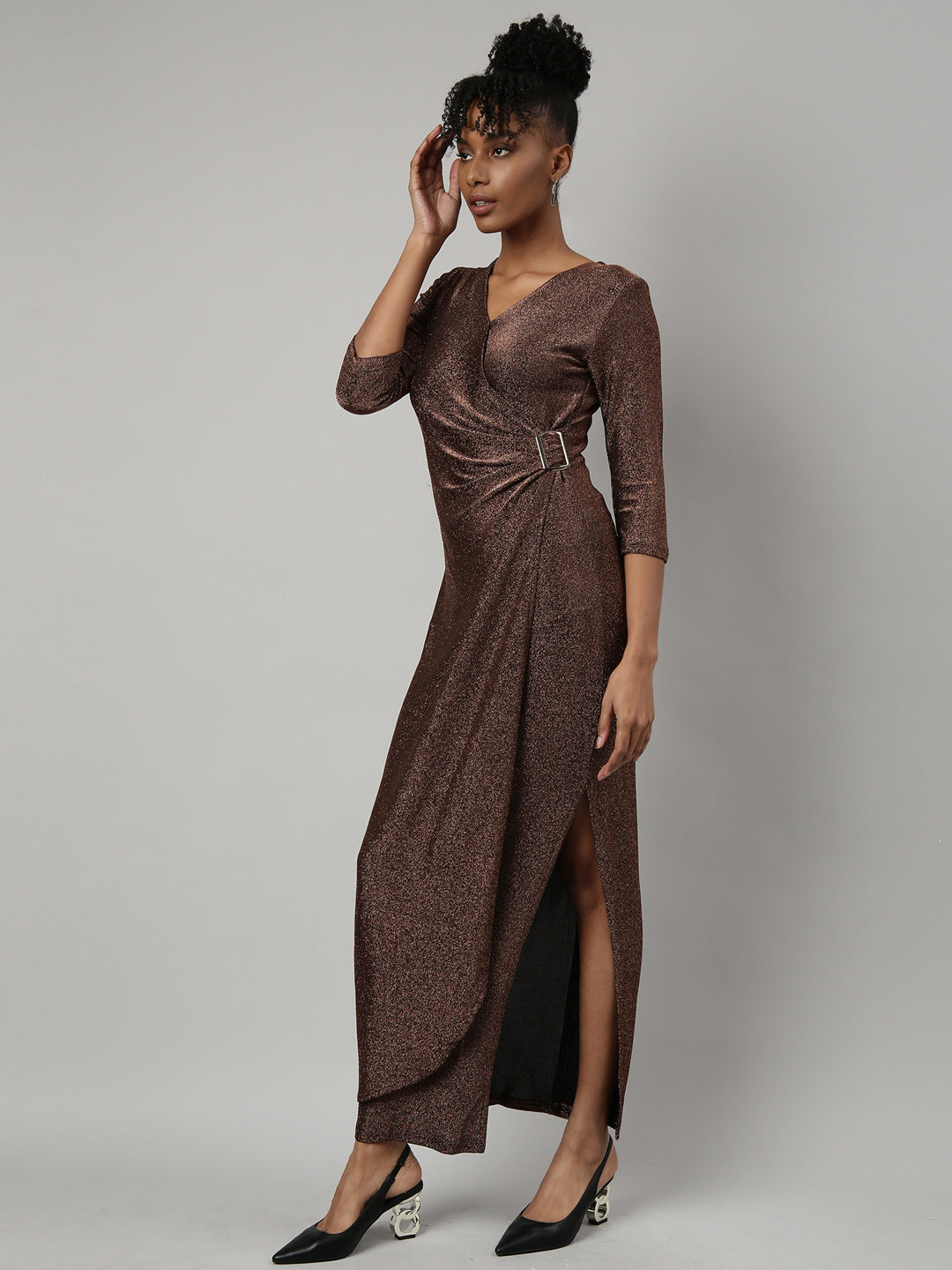 Women Brown Solid Wrap Dress