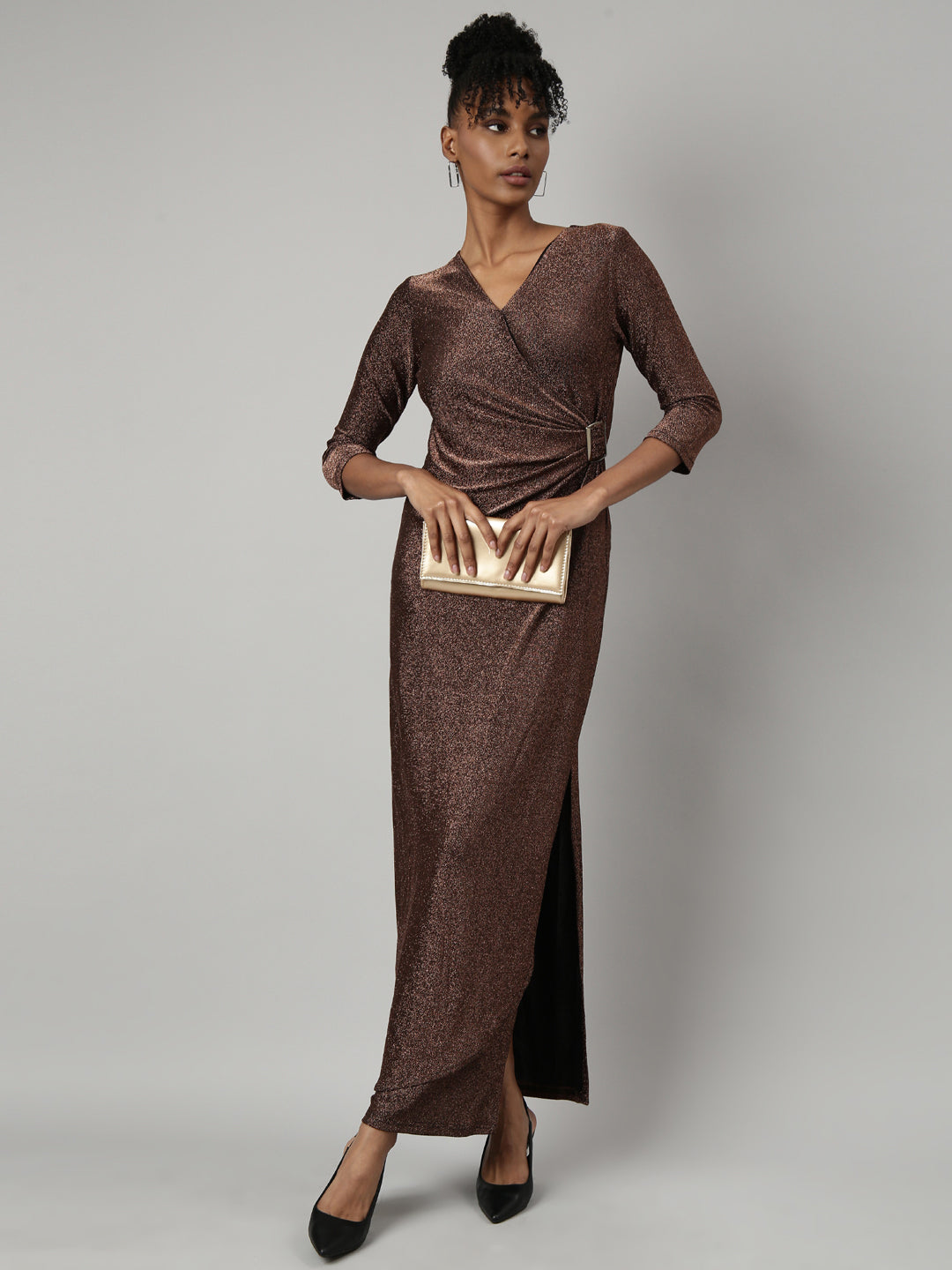 Women Brown Solid Wrap Dress