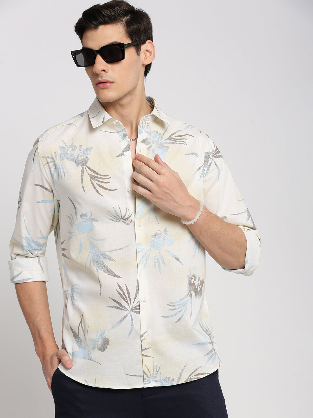 Men Cream Spread Collar Floral Shirt