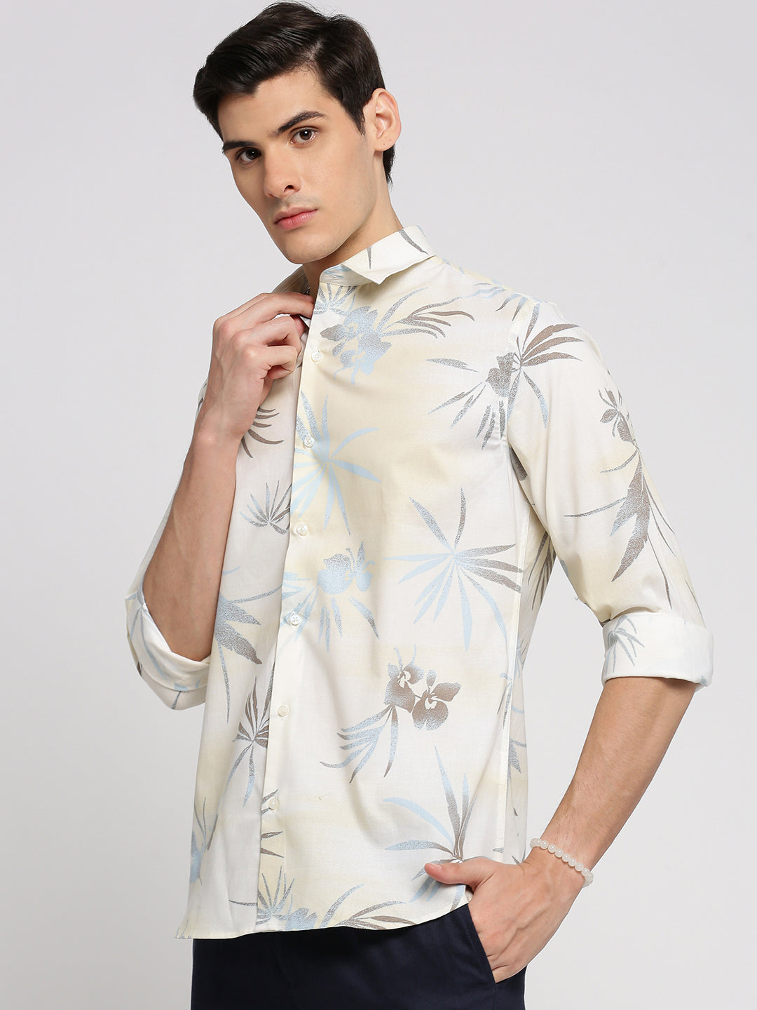 Men Cream Spread Collar Floral Shirt