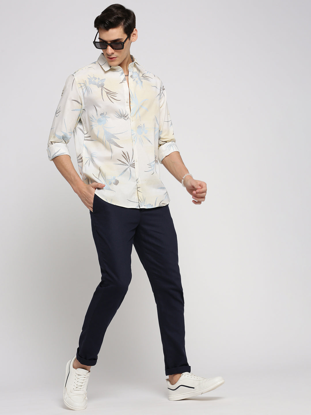 Men Cream Spread Collar Floral Shirt