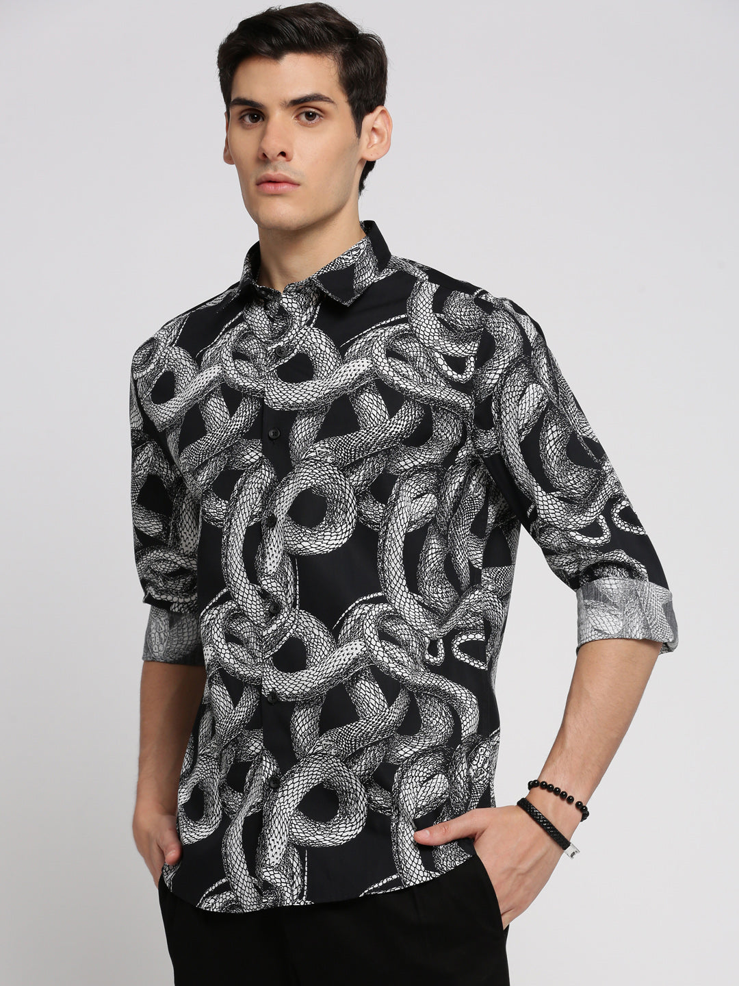 Men Black Spread Collar Animal Shirt