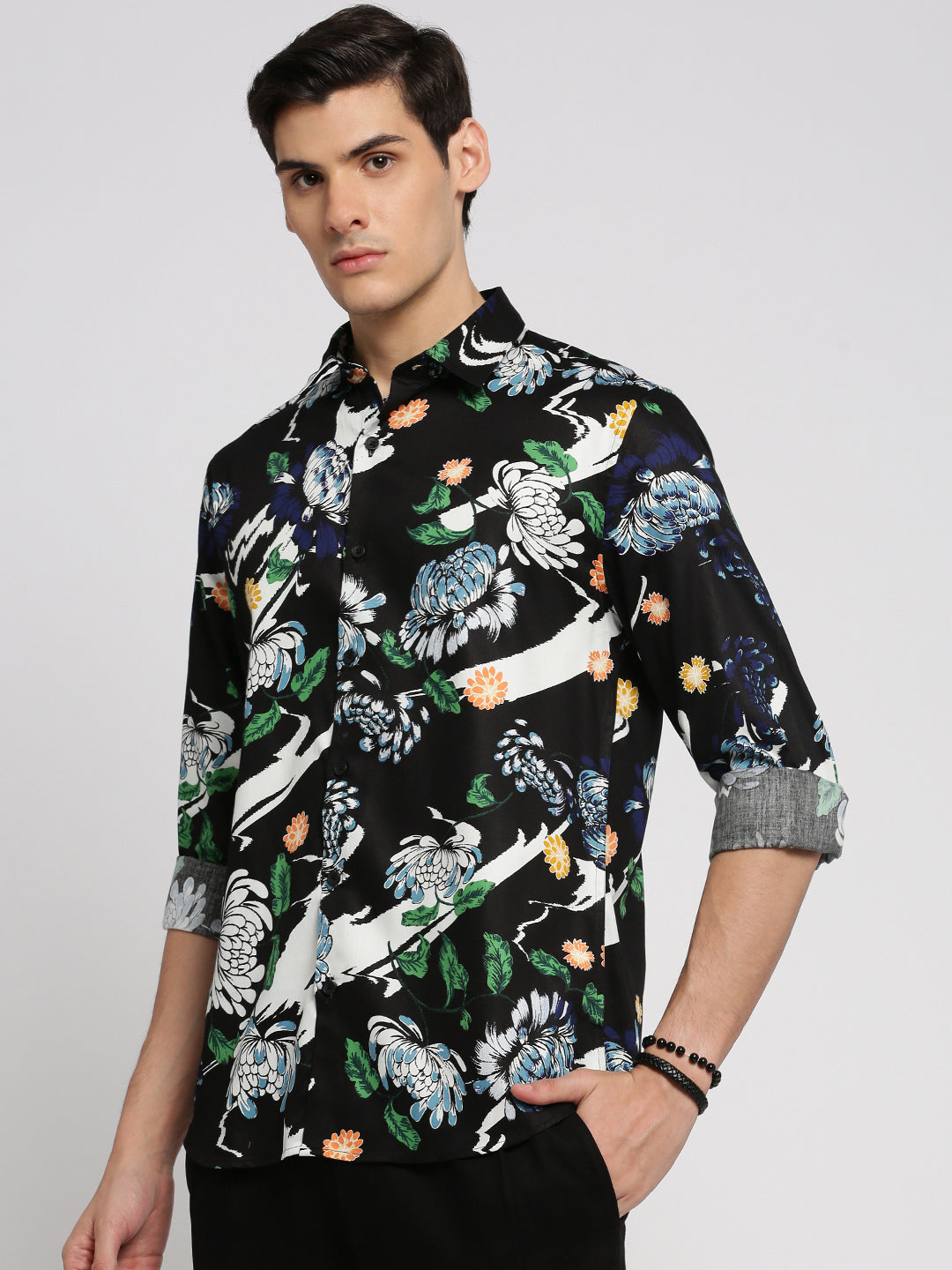 Men Black Spread Collar Floral Shirt